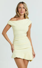 Goldie Mini Dress - Tipped Off Shoulder Cap Sleeve Ruched Fitted Ruffle Hem Skirt Dress in Lemon