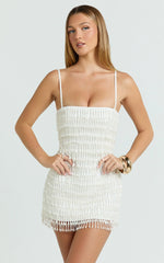 Aria Mini Dress - Beaded Pearl Fringe A Line Dress in Ivory