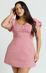 Ginny Mini Dress - Square Neck Ruched Bodice Puff Sleeve Straight Dress in Red Gingham