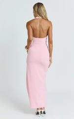 Ruby Maxi Dress - Halter Scoop Neck Low Back Bodycon Dress in Pink
