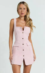 Kenna Mini Dress - Square Neck Button Down Mini Dress in Pink