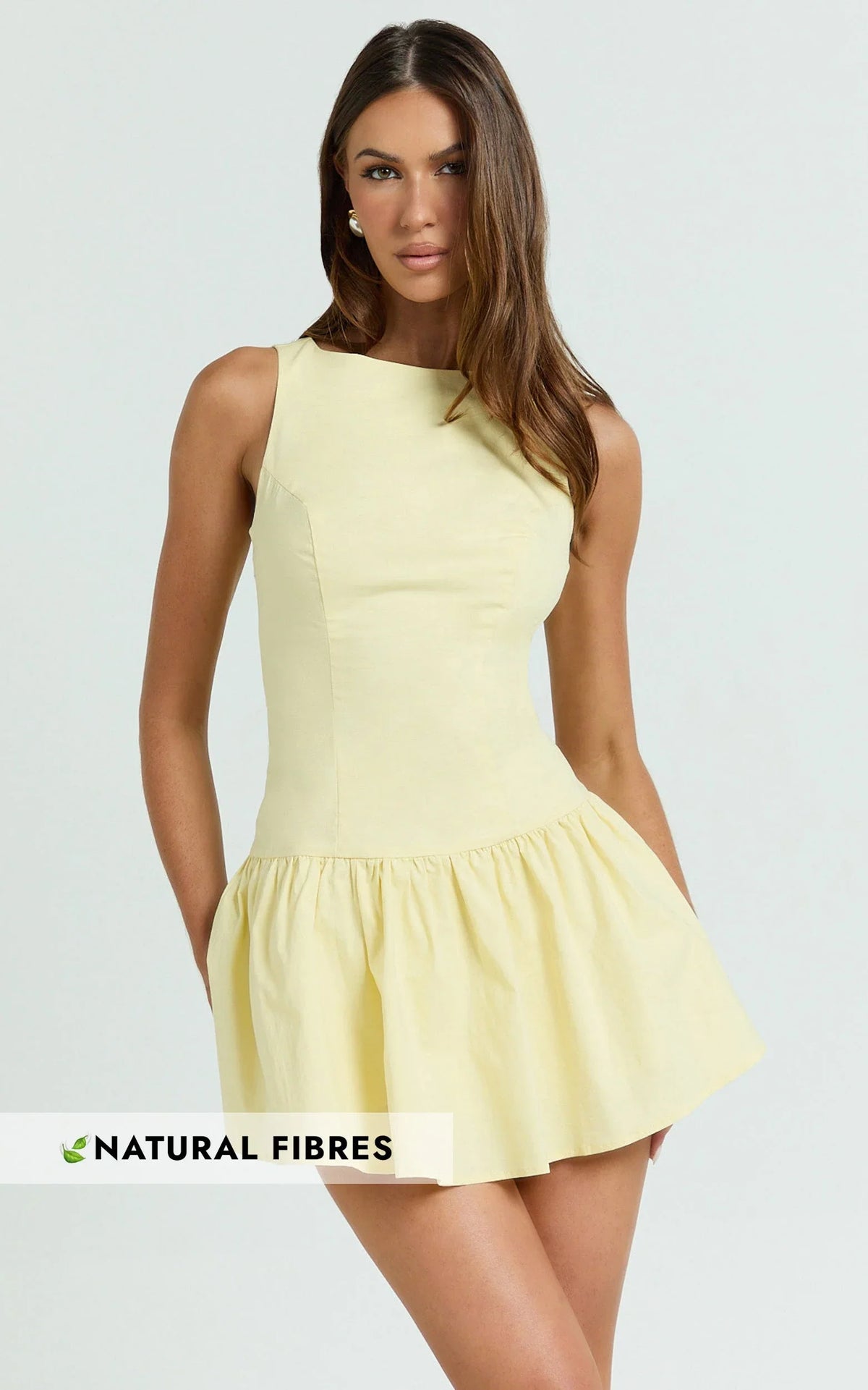 Izira Mini Dress - Boat Neck Drop Waist Shift Dress in Butter Yellow