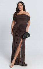 Alanna Maxi Dress - Off Shoulder Ruched Mesh Dress in Chocolate