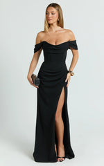 Marcel Maxi Dress - Off Shoulder Corset High Split Dress in Black