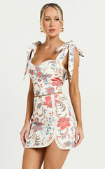 Kelsie Mini Skirt - Linen Mid Waist Side Split Skirt in Summer Chintz