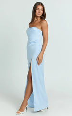 Camila Maxi Dress - Corset Panel Drape Matte Satin Dress in Blue