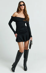 Ophelia Mini Dress - Off Shoulder Flip Skirt Jersey Ruched Dress in Black
