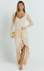 Rhea Maxi Dress - Long Sleeve Ruched Ruffle Hem Dress in Blush