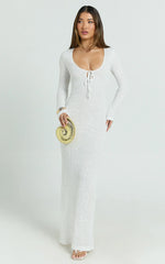 Laine Maxi Dress - Sequin Lace Wide Scoop Neck Long Sleeve Column Dress in White