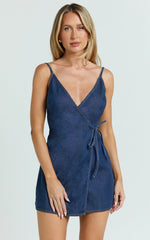 Ramira Mini Dress - Denim Halter Neck Wrap Tie Mini Dress in Raw
