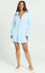 Raquel Mini Dress - Collared Long Sleeve Fit And Flare Shirt Dress in Cornflower Blue