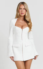Lausanne Mini Dress - Sweetheart Neck Long Sleeve Zip Front Tulip Dress in White
