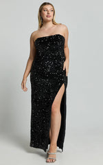 Ava Maxi Dress - Strapless High Split Sequin Dress in Black