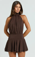Bryonie Mini Dress - Backless Halter Dress in Chocolate