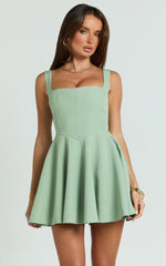 Harmony Mini Dress - Wide Strap Square Neck Fit And Flare Dress in Sage