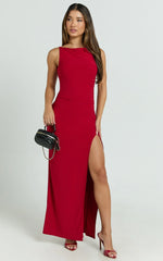 Audette Maxi Dress - Boat Neck Ruched Fitted Dress in Red