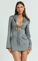 Jamaica Mini Dress - Cut Out Ruched Tie Front Fitted Blazer Dress in Grey