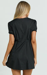 Hattie Mini Dress - Tie Front Puff Sleeve Dress in Black