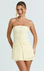 Monroe Two Piece Set - Strapless Button Down Longline Vest Top and High Waisted Mini Skirt in Butter Yellow