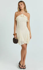 Rhea Mini Dress - Jacquard Ruffle Halter A Line Dress in Cream