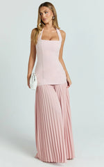 Loretta Maxi Dress - Contrast Halter Neck Pleated Dress in Pink