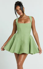 Kailee Mini Dress - Wide Strap Square Neck Fit And Flare Tulip Dress in Sage