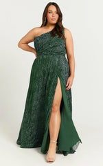 Isra Maxi Dress - Lurex Slit Cut Out One Shoulder Dress in Emerald