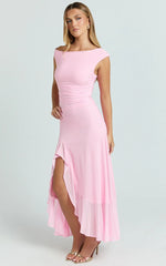 Judee Midi Dress - One Shoulder High Side Split Dress in Pink
