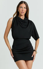 Indiana Mini Dress - High Cowl Neck Asymmetric Sleeve Fitted Skirt Dress in Black Midnight