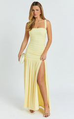 Cardi Maxi Dress - Ruched Mesh High Leg Split Dress in Lemon
