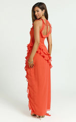 Palmer Maxi Dress - Ruffle Strap High Split Dress in Orange