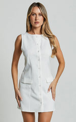 Kiara Mini Dress - Scoop Neck Button Down Dress in White
