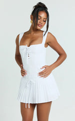 Fraida Mini Dress - Lace Front Dropped Waist Pleated Dress in White