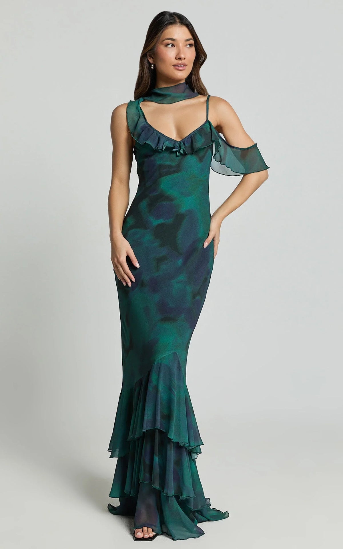 Riley Maxi Dress - Asymmetric Ruffle Detail Maxi Dress in Moss Adeana