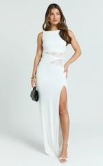 Alberta Maxi Dress - Spliced Sheer Lace Column Dress in White