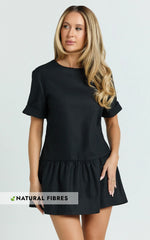 Lyons Mini Dress - High Neck Short Sleeve Drop Waist Gathered Skirt Dress in Black