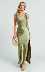 Isla Maxi Dress - Satin One Shoulder Side Split Dress in Olive