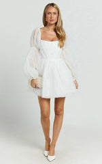 Ingrid Mini Dress - Long Puff Sleeve Pearl Detail Dress in White