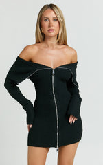 Madeline Mini Dress - Folded Off Shoulder Double Zip Hardware Front Knit Dress in Black