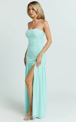 Cardi Maxi Dress - Ruched Mesh High Leg Split Dress in Mint
