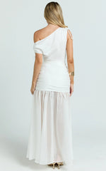 Mackenzie Maxi Dress - Tipped Shoulder Drop Waist Full Gathered Skirt Dress in White