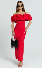 Rhaya Maxi Dress - Ruffle Off Shoulder Fitted Dress in Red