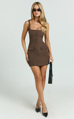 Marcia Mini Dress - Scoop Neck Hook And Eye Front Bodice Fitted Dress in Brown
