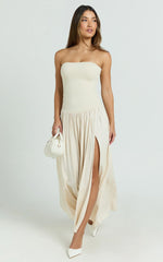 Harlee Maxi Dress - Strapless Drop Waist Knit Bodice Full Gathered Skirt Dress in Cream