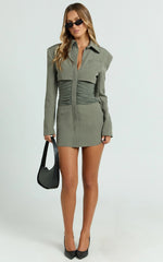 Janet Mini Dress - Oversized Placket Front Shirt Dress in Khaki/Cream Stripe