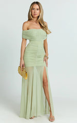 Alanna Maxi Dress - Off Shoulder Ruched Mesh Dress in Sage