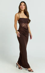 Rania Maxi Dress - Contrast Lace Bodice Bias Cowl Drop Waist Dress in Chocolate