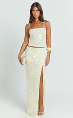 Jelena Maxi Skirt - Embroidered Floral Mid Waist Bodycon Skirt in Lemon