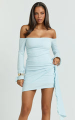 Noah Mini Dress - Off Shoulder Draped Skirt Jersey Dress in Blue