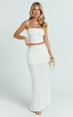 Kayrene Two Piece Top and Skirt Set - Straight Neck Top And Ruched Low Rise Maxi Skirt in Cream